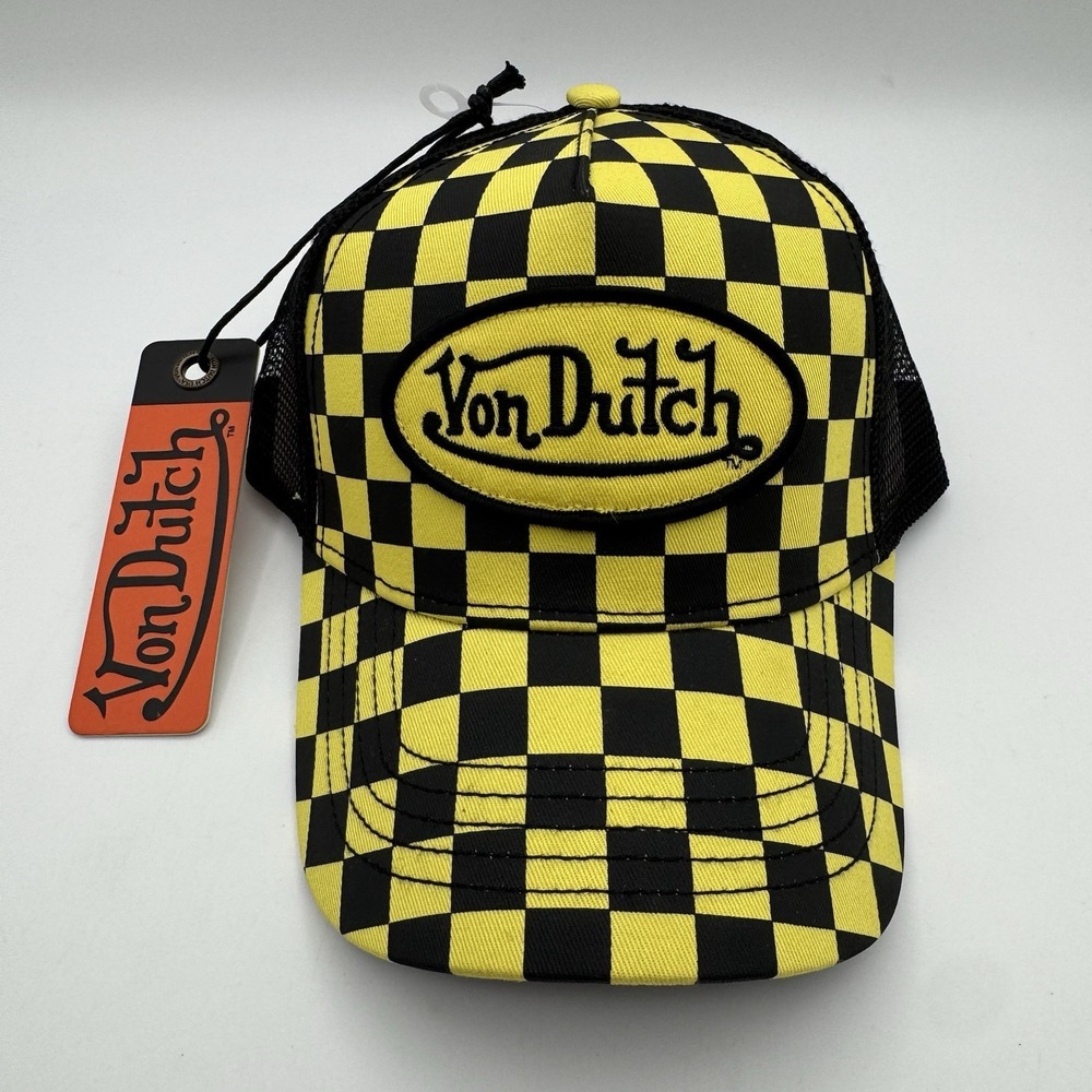 NWT Von Dutch Yellow Black Checker Mesh Trucker Hat SnapBack Cap Y2K Style